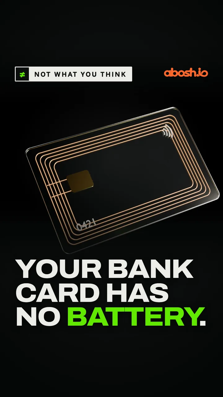 Your bank card has no battery. When you tap, the terminal's radio field reaches a copper coil inside the card and makes a small current that