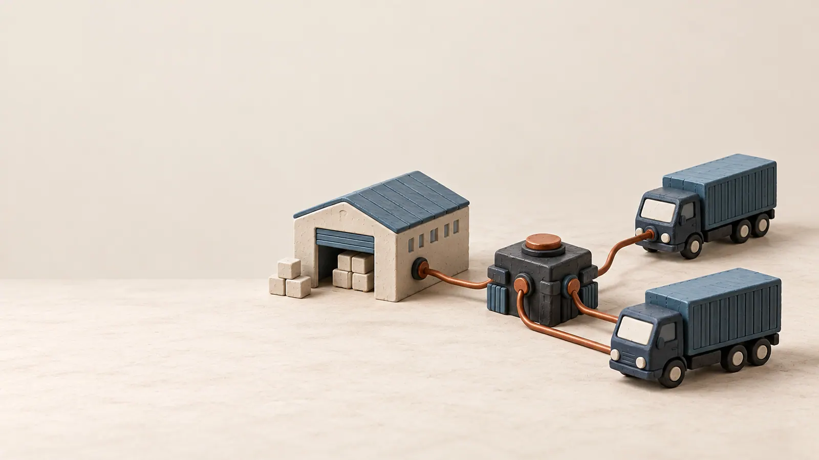 A clay warehouse and delivery trucks connected through a coordinating hub.