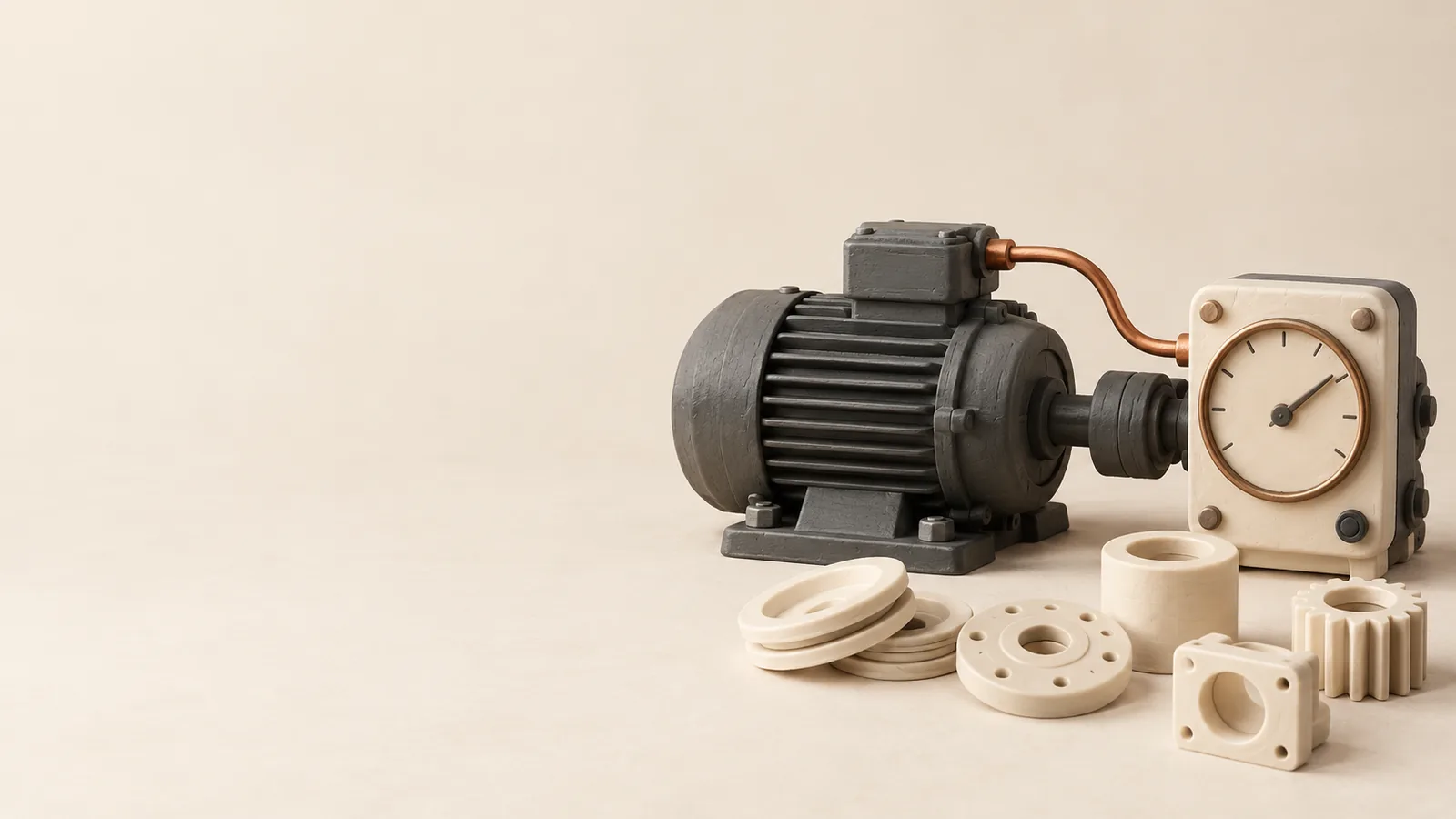 An energy meter beside a motor and finished components.