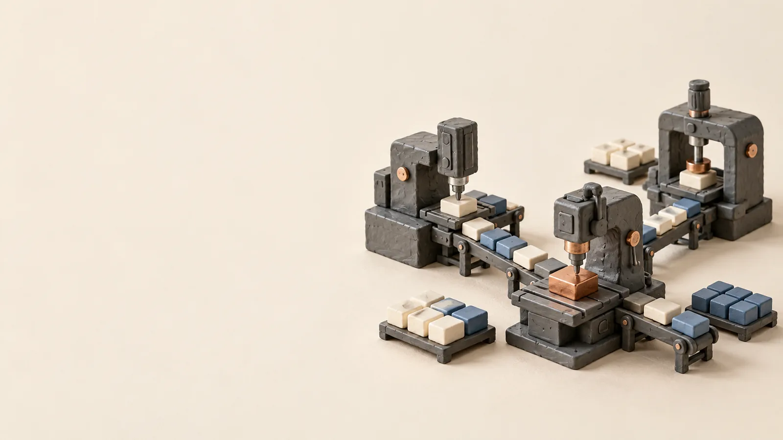 Workpieces moving between several shared machine stations.