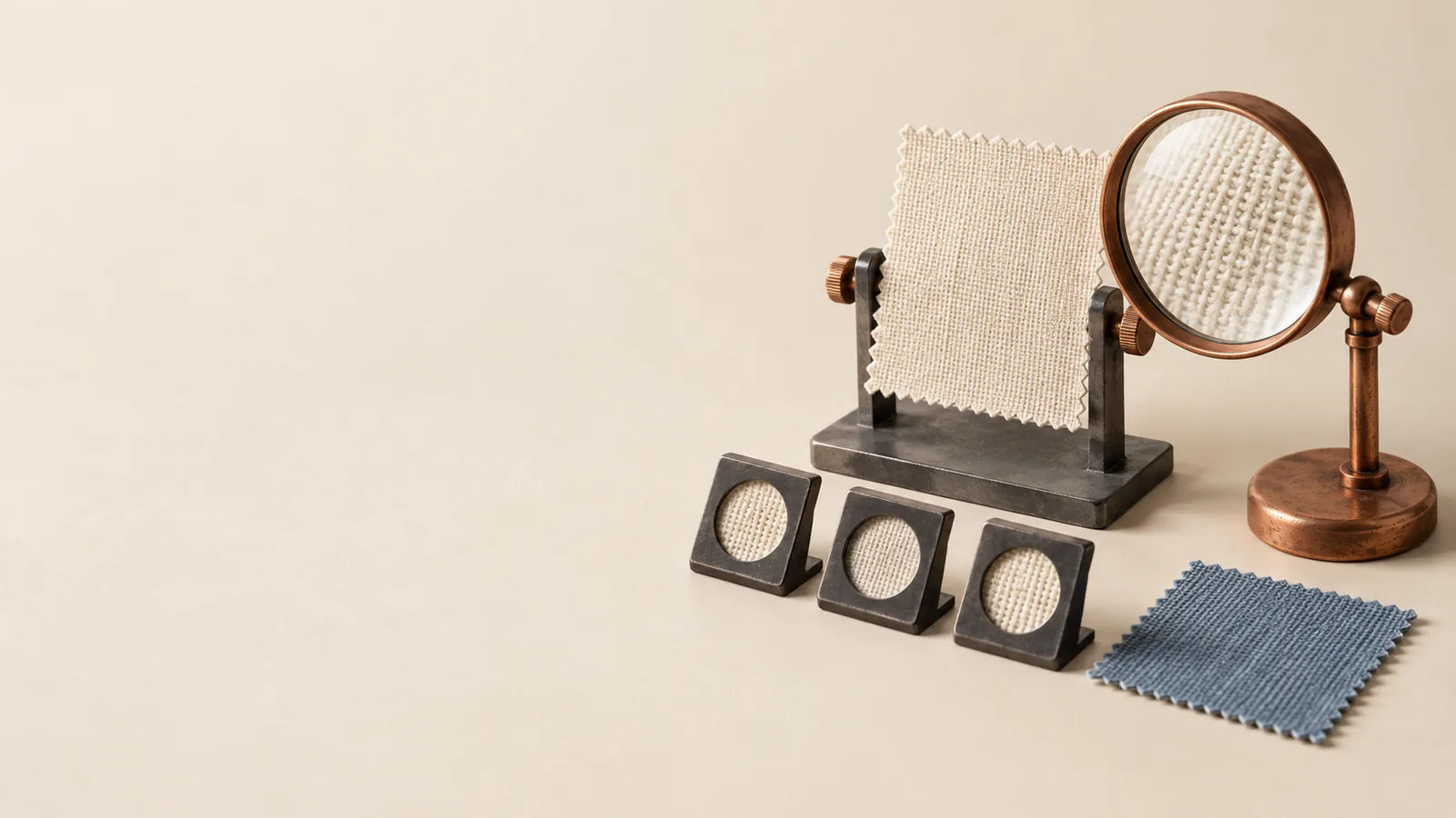 A fabric sample and reference examined through inspection frames.