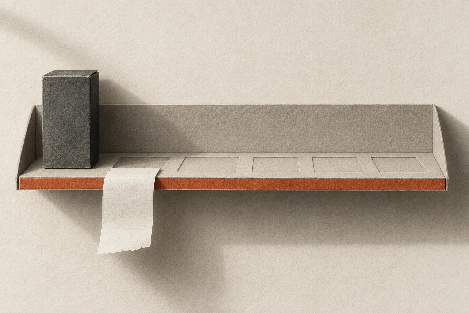 A paper shelf with one carton, empty spaces and a short receipt