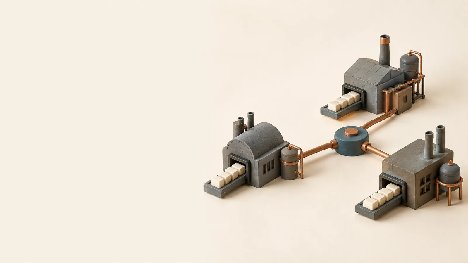 Separated factory modules connected through a shared training hub.