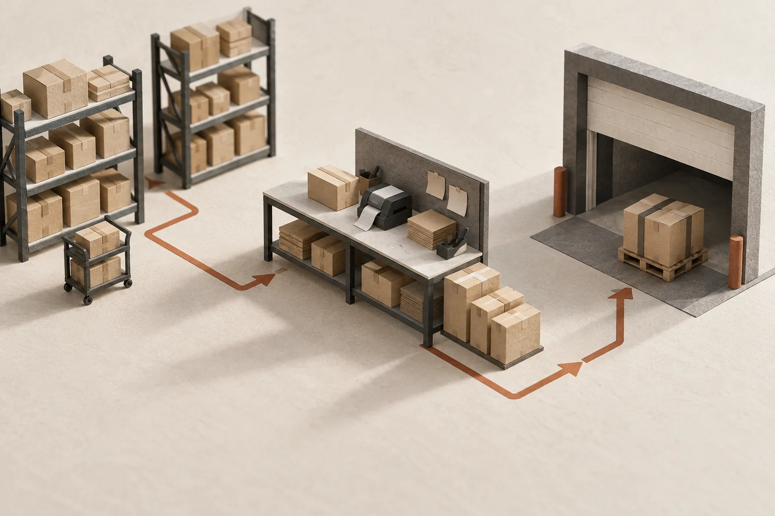 A paper-model warehouse connects storage, a packing bench with waiting cartons and an outbound dock.