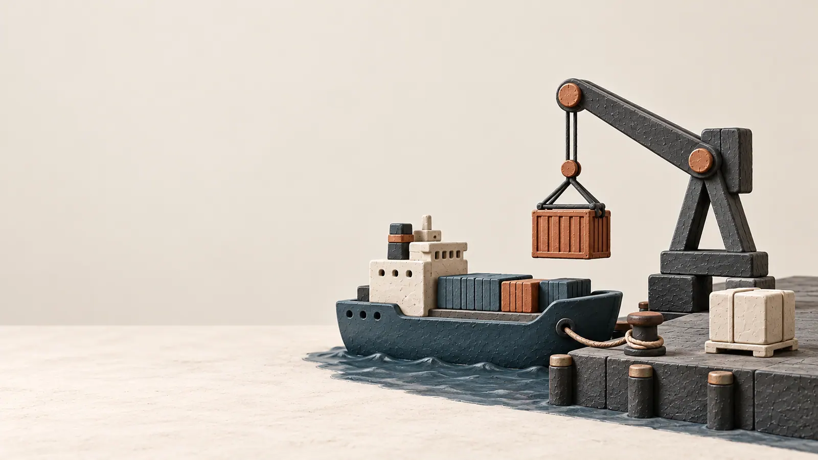 A clay cargo ship, dock and crate at a delivery handoff.