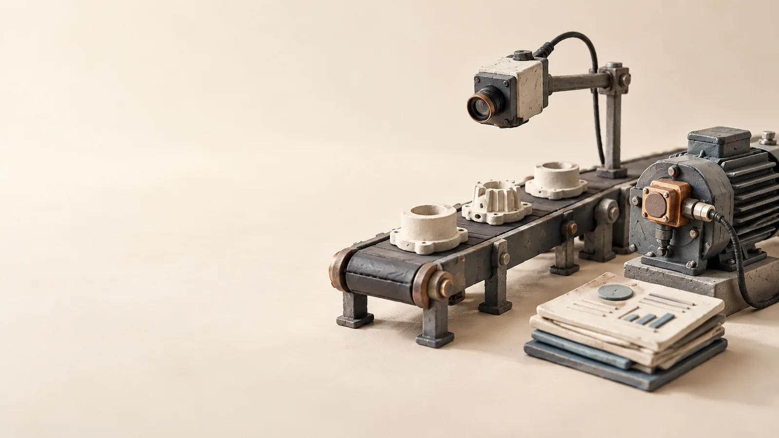 A conveyor, inspection camera, equipment sensor and document records.