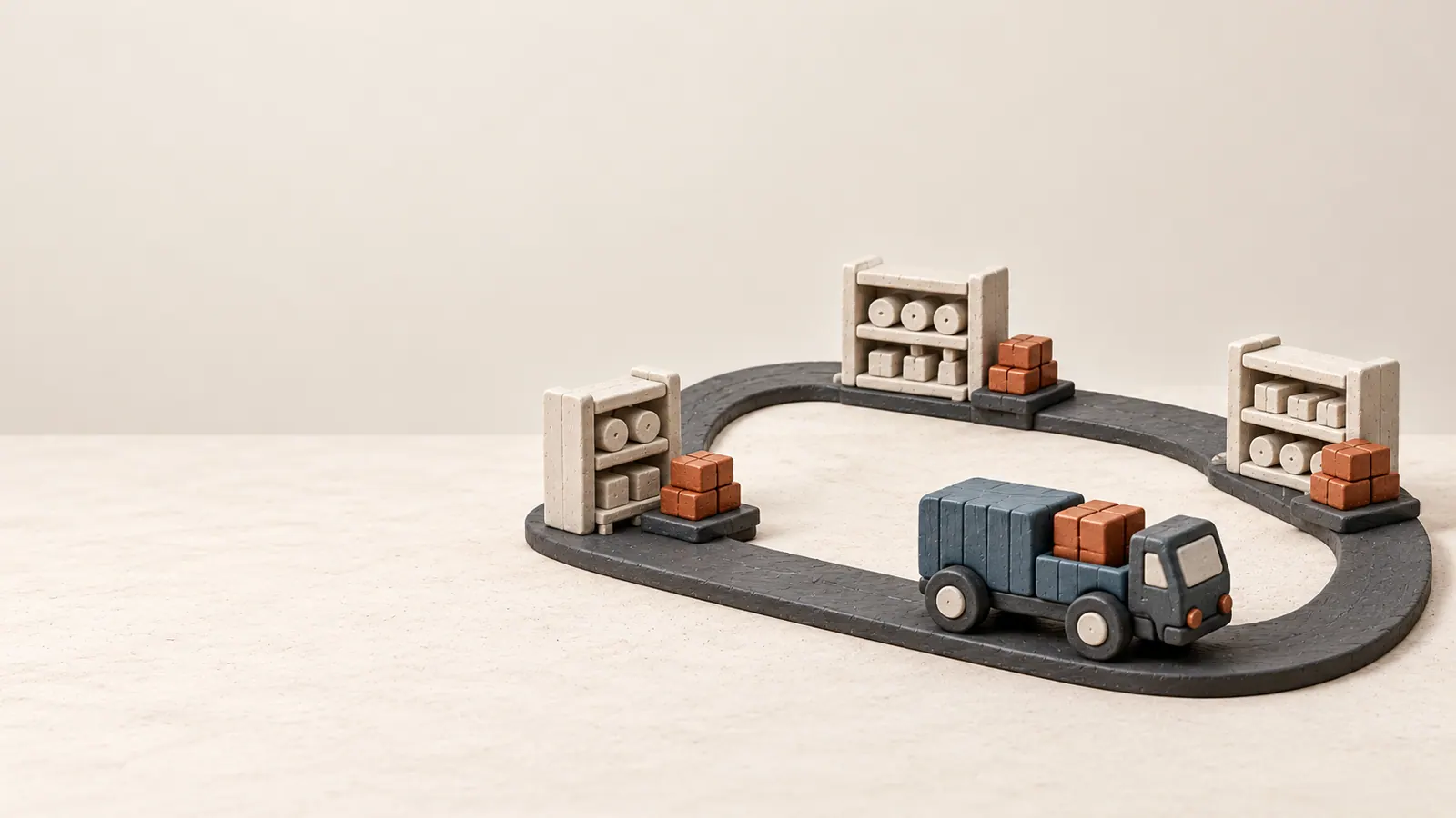 One clay delivery truck on a loop connecting three replenishment stops.