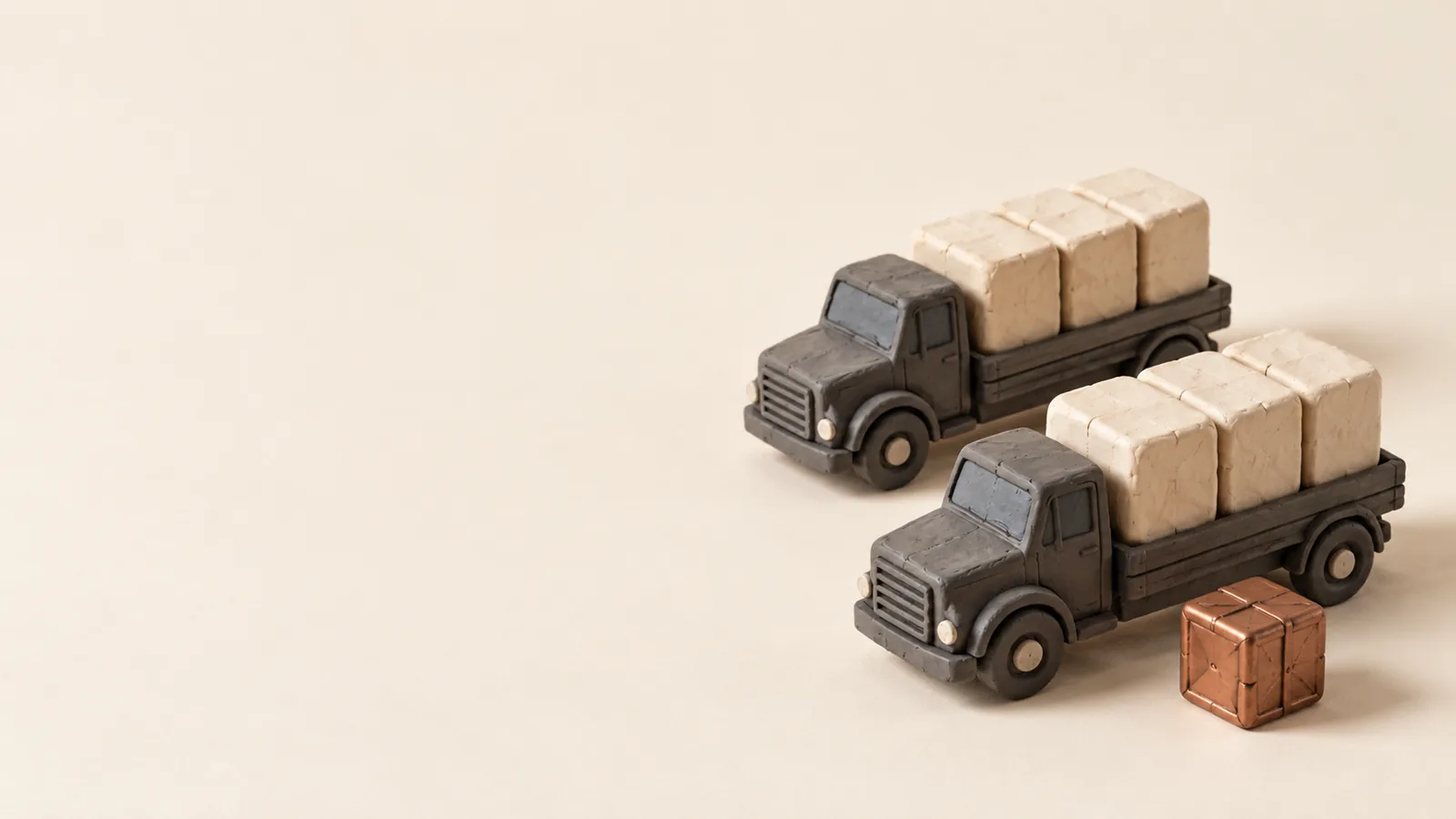 Cargo distributed across two small trucks.