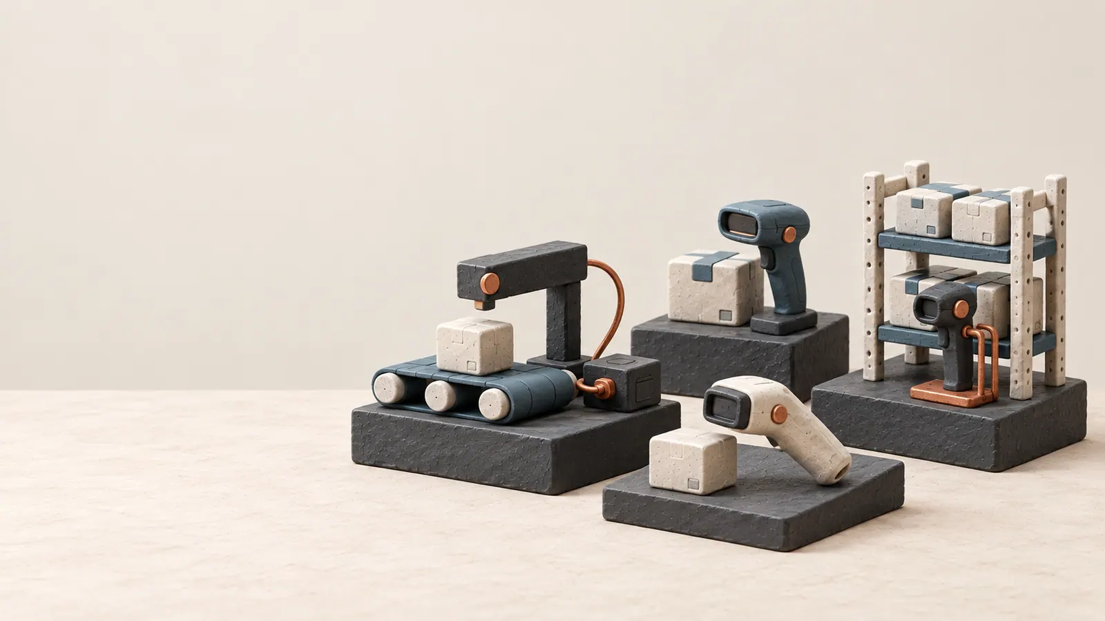 Four clay test setups showing a connection, scanner design, usable product and bounded warehouse operation.