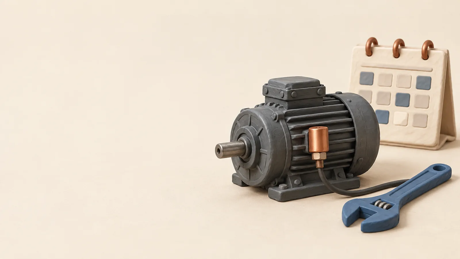 A motor-mounted sensor beside a maintenance tool and schedule.