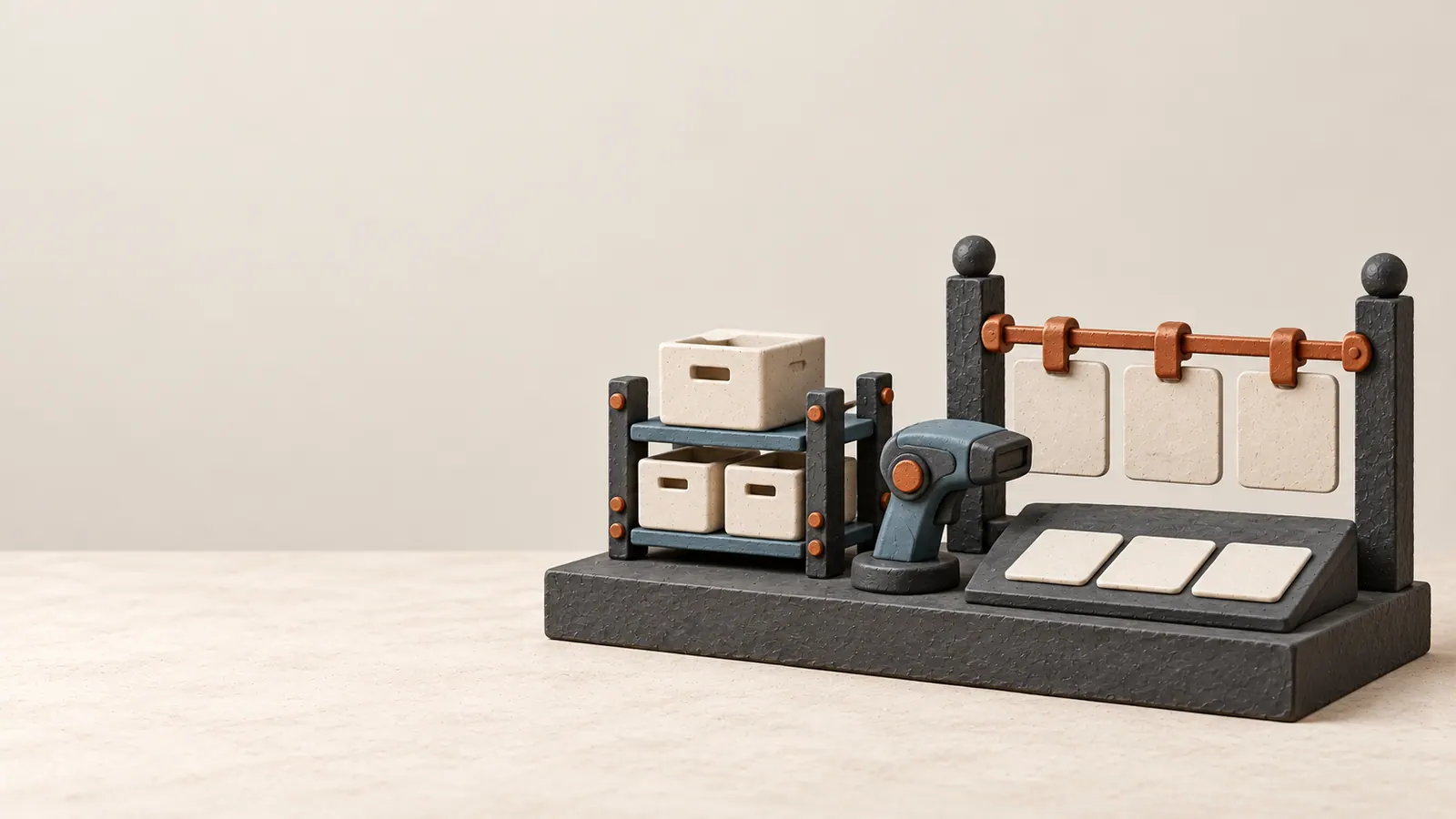 A clay warehouse pilot model beside blank planning cards and a scanner.