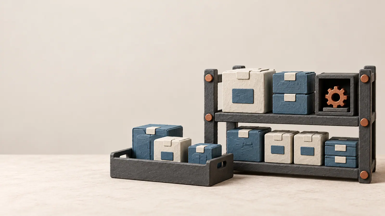Clay product variants on shelves, with a small spare part kept in its own cubby.