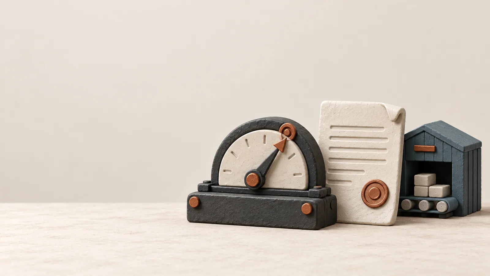 A clay service measure, target marker and agreement record beside a warehouse terminal.