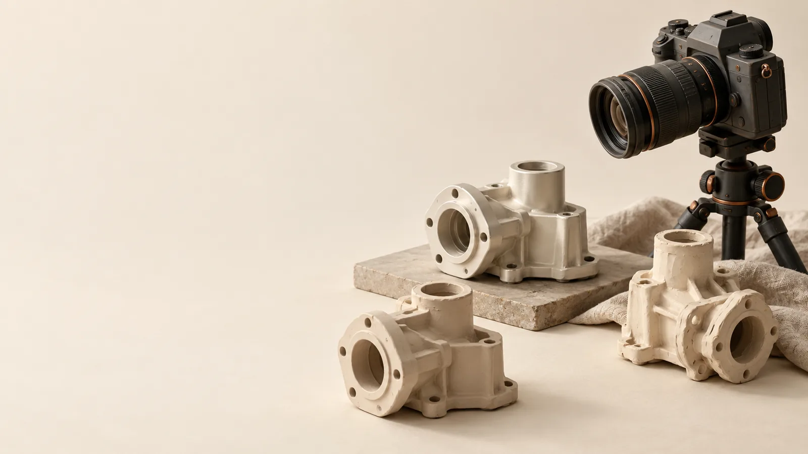 A camera beside original and varied component samples.