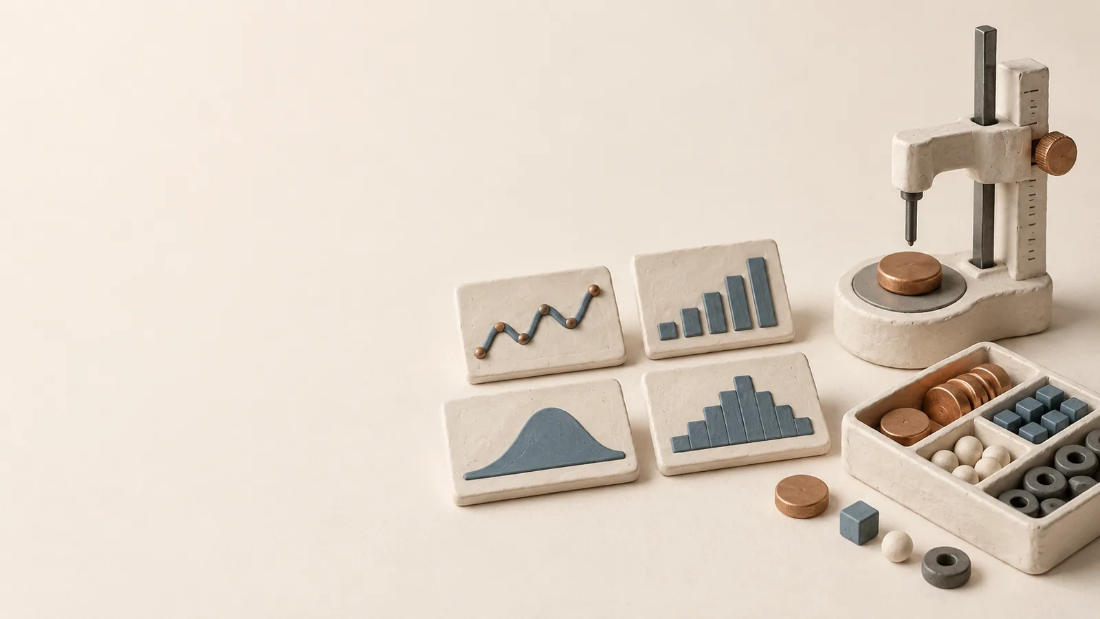 Different process chart shapes beside measuring and counting tools.