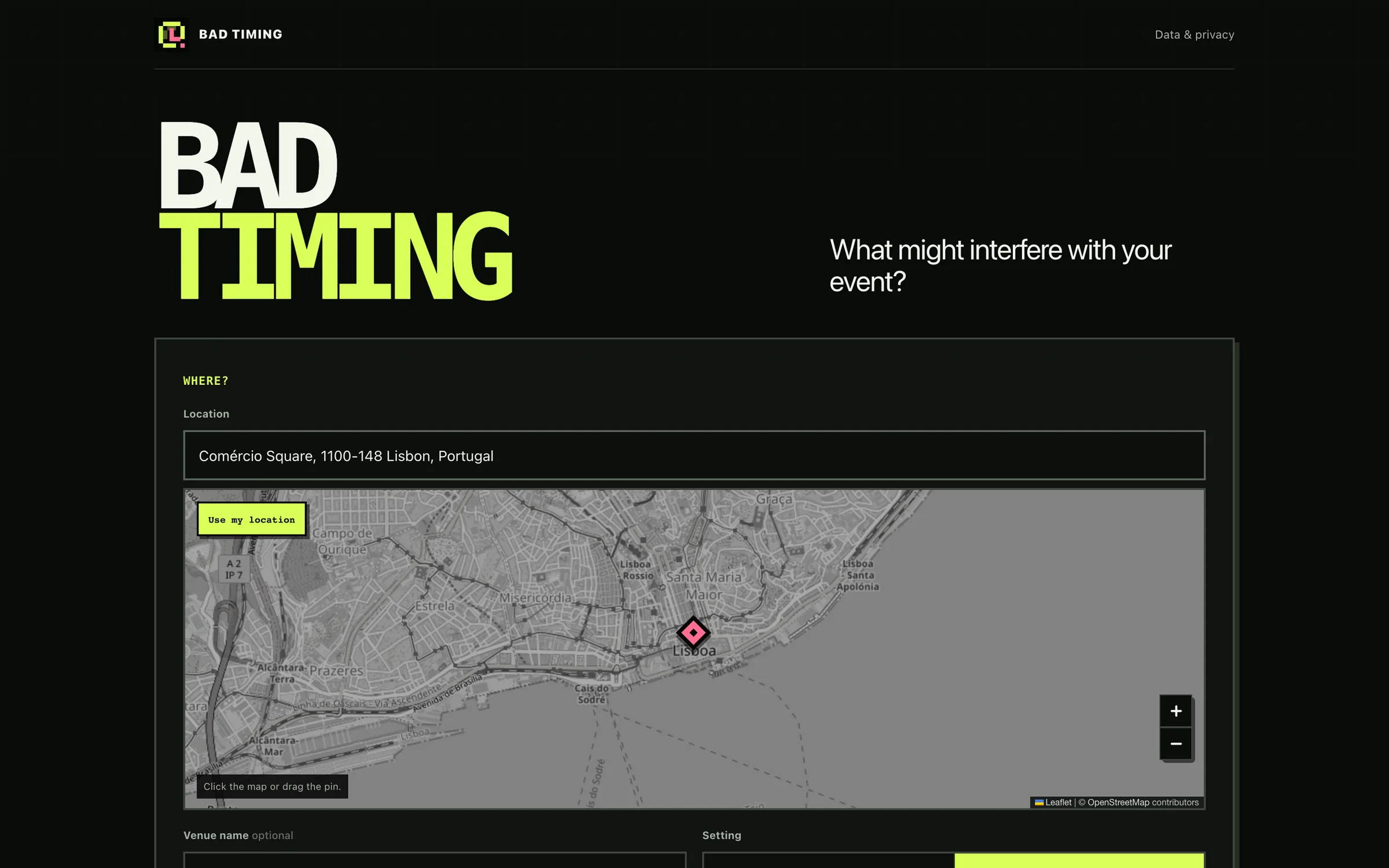 Bad Timing: what might interfere with your event? A map pinned on Lisbon