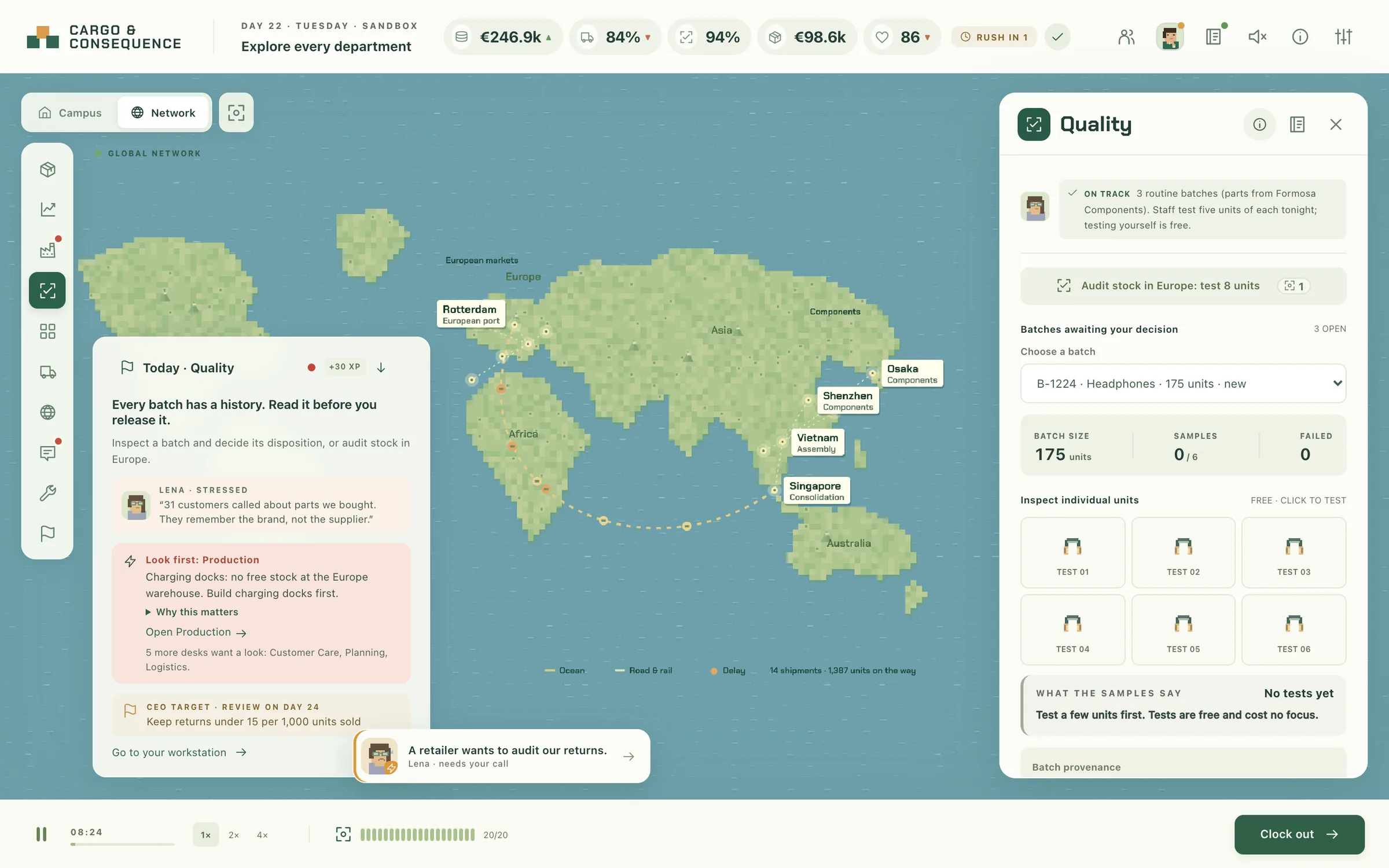 The freight network: a pixel world map with suppliers in Shenzhen, Taipei, Osaka and Bangkok