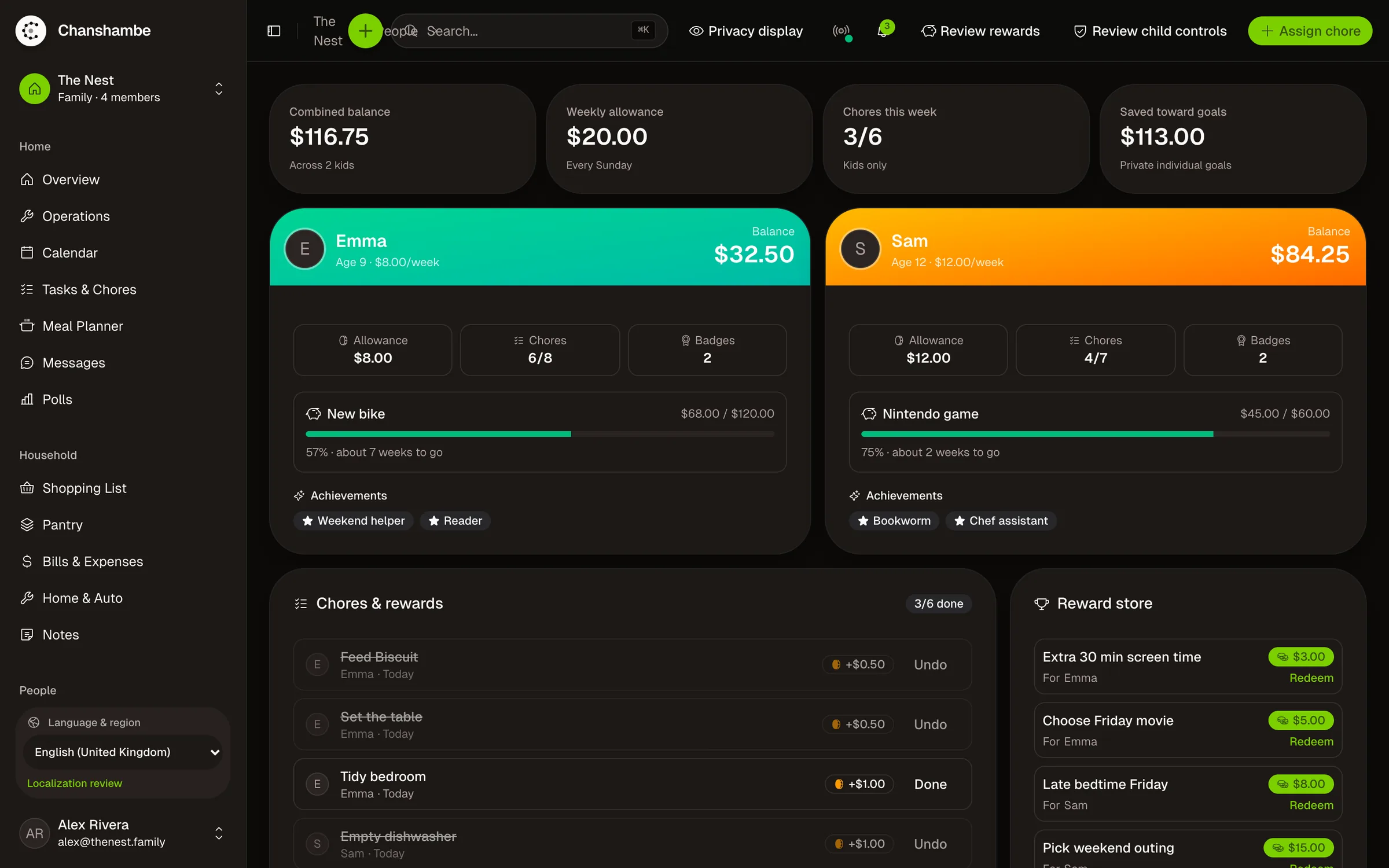 Chanshambe kids and allowance: balances, chores, savings goals and a reward store