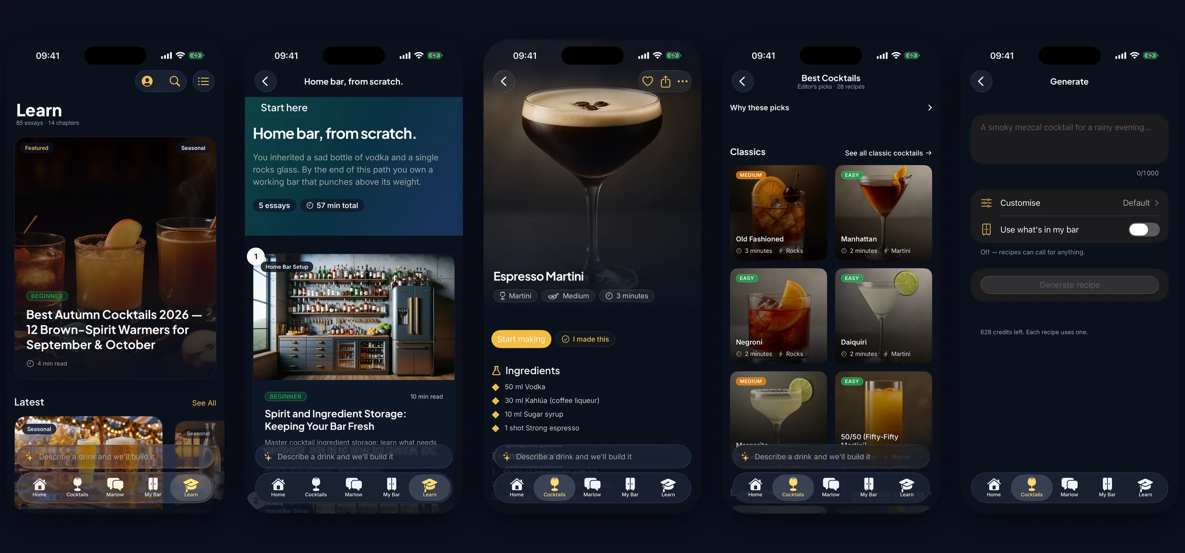More of the iPhone app: the education hub, a reading path, an Espresso Martini, best cocktails and the generator