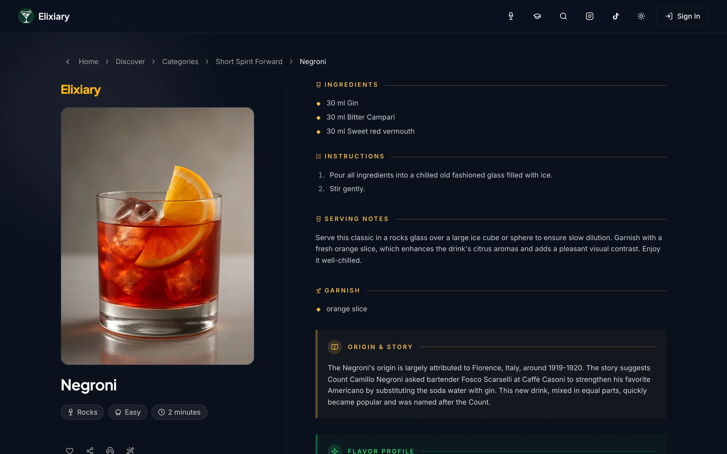 An Elixiary recipe: the Negroni, with ingredients, method, serving notes and its story