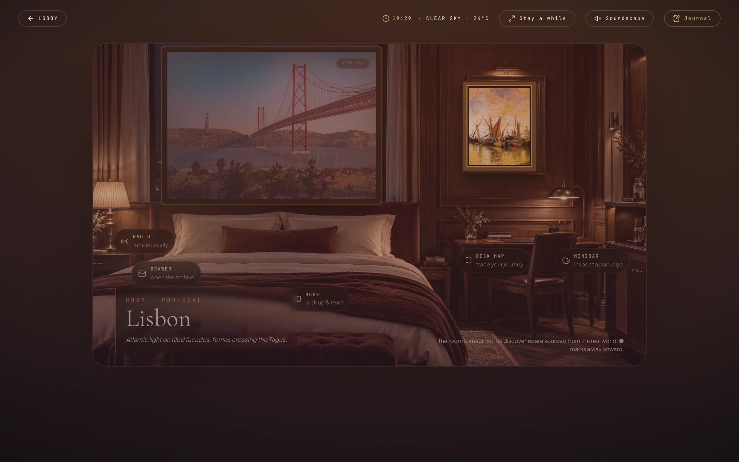 The Lisbon room at dusk: a live view of the Tagus bridge and a painting of Lisbon's harbour