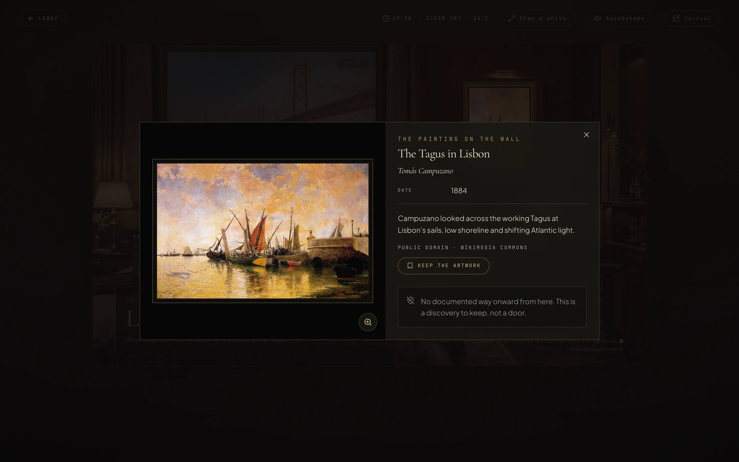 The painting on the wall: The Tagus in Lisbon by Tomás Campuzano, 1884, from Wikimedia Commons