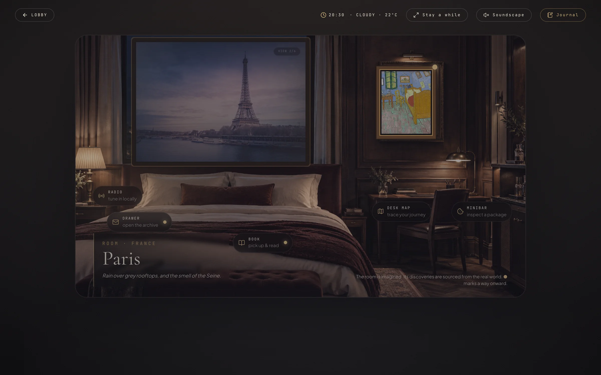 The Paris room, with the Eiffel Tower in the window and Van Gogh's Bedroom on the wall