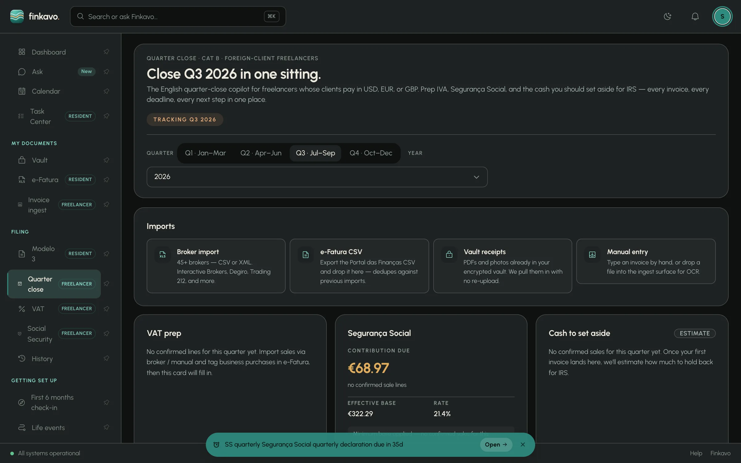 Finkavo quarter close for freelancers: imports, VAT prep, Segurança Social and cash to set aside