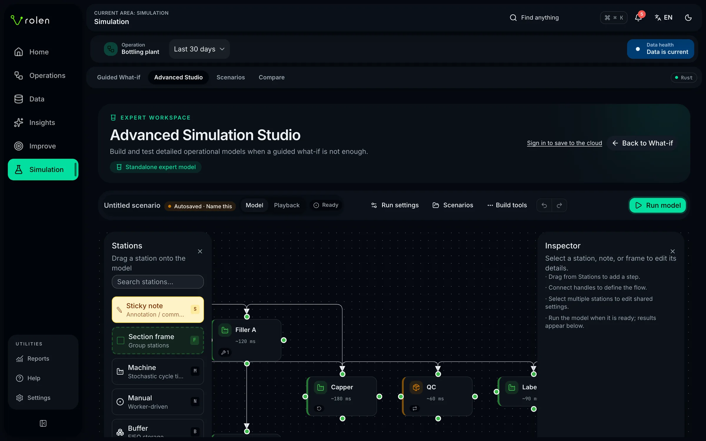 Vrolen Advanced Simulation Studio: a production line modelled station by station